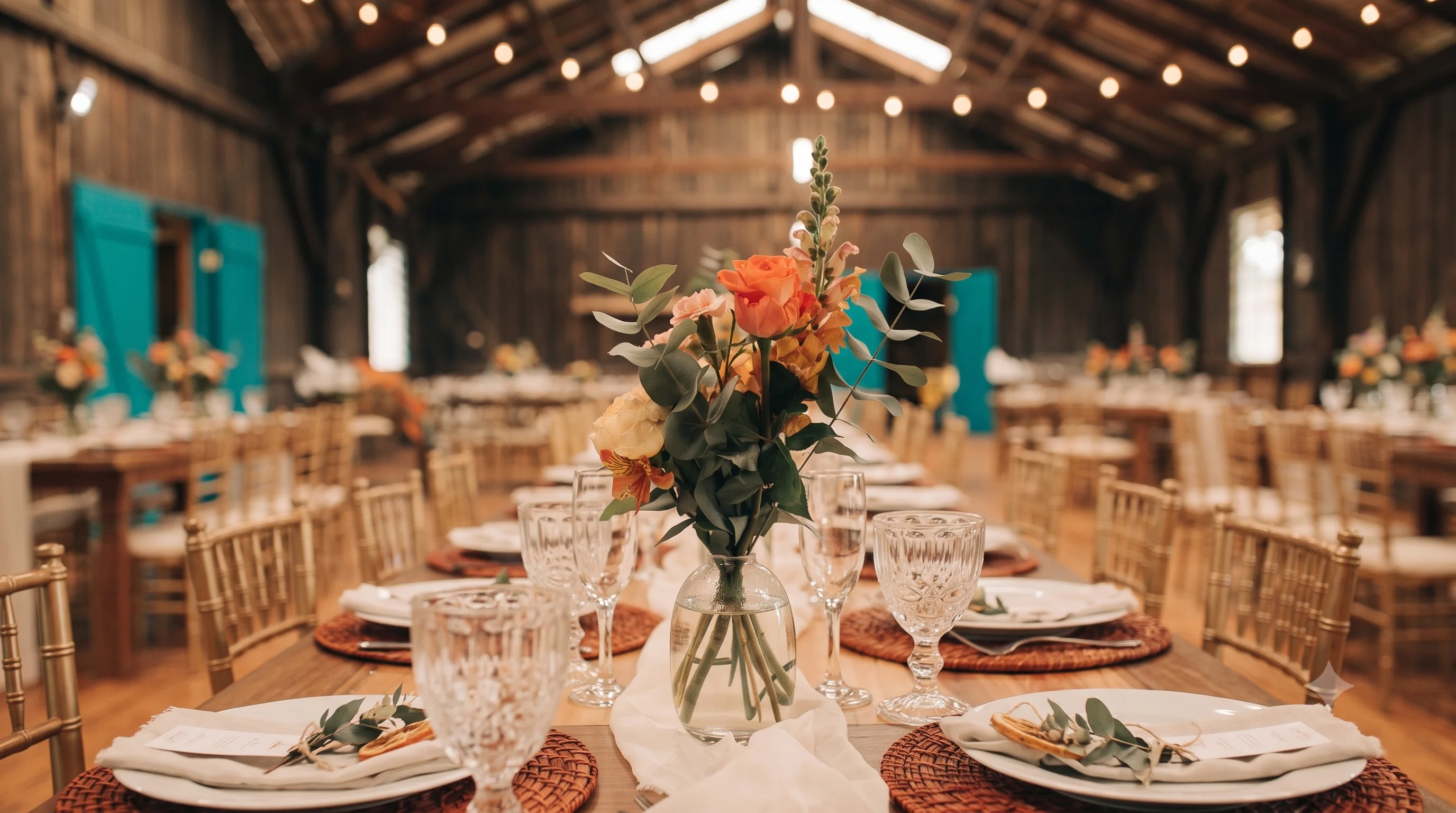 Mesa de boda con cristalería y decoración floral